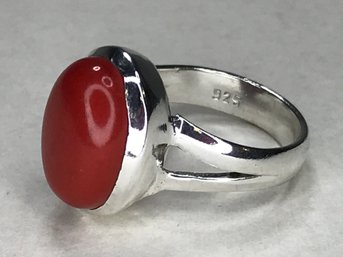 Very Pretty Brand New 925 / Sterling Silver Cocktail Ring With High Polished Coral - Very Pretty Piece !