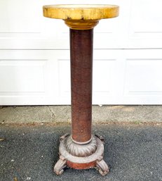 An Antique Oak Pedestal With Faux Painted Marble Top