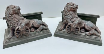 Vintage Set Bronze Lion Bookends On Metal Bases