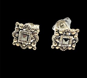 Vintage Sterling Silver Marcasite Square Stud Earrings