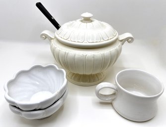 Cooks Club White Soup Tureen With Ladle, 2 Vintage Hall Soup Bowls & Large Soup Mug