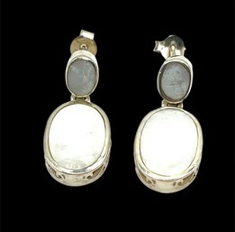 Vintage Sterling Silver White Quartz Color Inlay Dangle Earrings