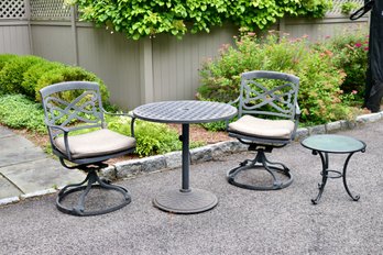 Set Of 2 Outdoor Black Swivel Chairs, A Round Bistro Table And Side Table