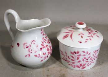 Fine Limoges Hand Painted Pink On White Porcelain Creamer And Sugar