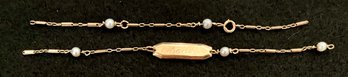 Vintage 14 K Gold ID Bracelet Pearls - Sadie - Repair - 8.5 Inches Long