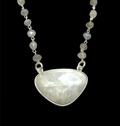 Vintage Sterling Silver Beaded White Quartz Color Pendant Necklace