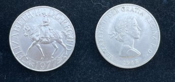 Lot Of 2 British Coins: 1965 Great Britain QUEEN ELIZABETH II Winston Churchill & 1977 Silver Jubilee Coins