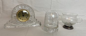 Mantle Clock, Glass Bird Cage And Sterling Base Dish