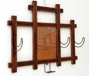 An Unusual Antique Arts & Crafts Coat Rack - Wall Mount With Beveled Mirror
