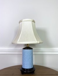 Blue Ceramic Floral Motif On Rosewood Base Table Lamp With Ribbed Shade