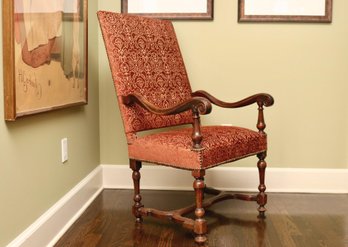 Jacobean Style Chenille Upholstered Armchair Reverse Scroll Arms Tulip Turned Legs