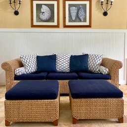 A Pottery Barn Woven Seagrass 3 Piece Sectional Sofa Set And 2 Ottoman - Includes 7 Throw Pillows