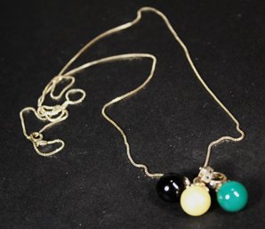 30' Long Sterling Silver Chain Having Three Sterling Silver Pendants Black, Pearl And Green