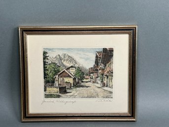 Vintage Pencil Signed Houses In Garmisch-Partenkirchen, Zugsitzgruppe Mountain, Germany Framed Print