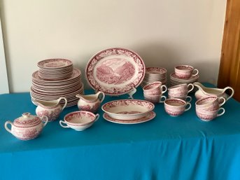 Currier And Ives Red Printed China Set