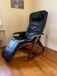 Contemporary Black Leather And Wood Reclining Armchair With Headrest