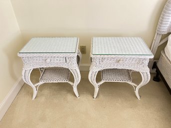 Pair Of Wicker Night Stands With Glass Tops