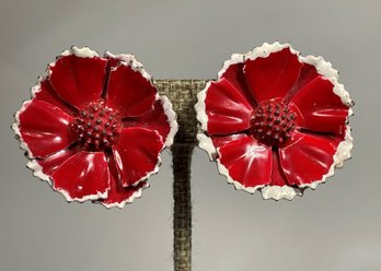 Pair 1960s Enamel Metal Clip Earrings Floral Form