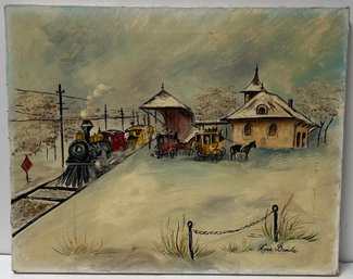 Vaintage Oil On Canvas Painting - Lois Bende - Victorian Transportation: Train Station Horse & Carriage 16x20