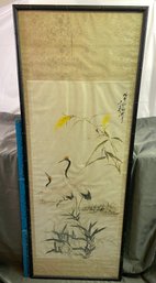 Signed Original Chinese Watercolor Painting Of Two Cranes 20.5x53.5' Bamboo Style Wood Frame Glass