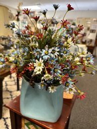 Blue Ceramic Planter With Wild Flowers  Planter Shaped Like Paper Bag.