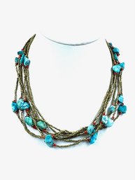 Beautiful Bronzetone Multistrand Bead Necklace W/ Turquoise & Coral Chunk Beads