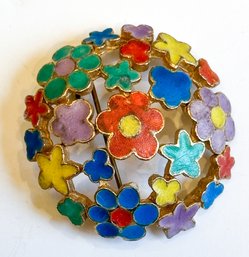 Woman's Floral Painted Enamel Brooch