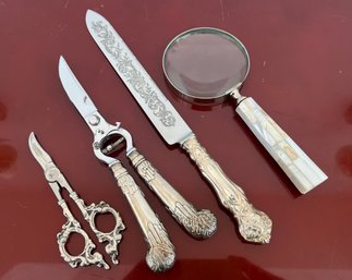 4pc Elegant Vintage Tool Set: Scissors, Knife & Magnifying Glass - Sheffield England, Italy