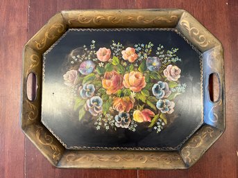 Vintage Mid-century Metal Handpainted Floral Toleware Tray