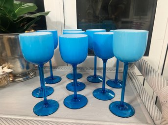 10 Carlo Moretti Aqua Blue Cased Glass Wine Goblets