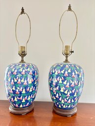 Pair Of Chinese Hand Painted Blue Ceramic Lamp