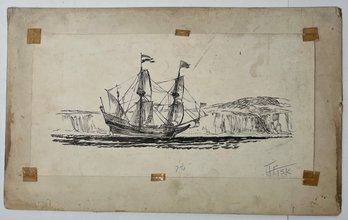 Vintage Detailed Pen & Ink Drawing Sketch On Paper - Two Mast Tall Ship - Fisk - 7.5 X 15 Inches
