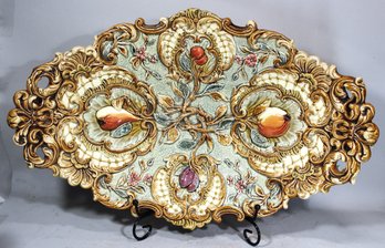 Large Fine Continental Signed Majo9lica Handled Tray Having Fruits