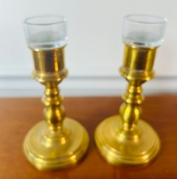 Pair Of Brass Toned Candlesticks With Glass Inserts 7.5'