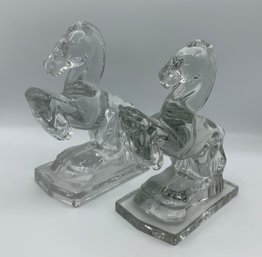 Vintage Midcentury Glass Horse Bookends ~ LE Smith ~ (D)