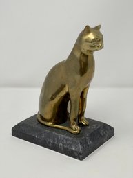 Vintage Brass Cat Figurine On Cast Stone Base