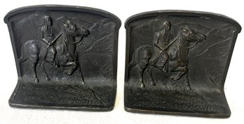 Antique Circa 1920 Bronze Bookends- Native American Chief On Horseback