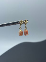 Elegant 14k Yellow Gold Pink Coral Carved Flower Drop Earrings