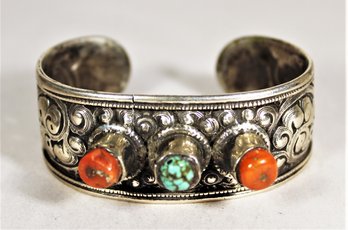 Antique Tibetan Sterling Silver Cuff Bracelet Having Turquoise And Coral