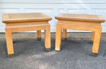 A Pair Of End Tables With Inset Woven Tops