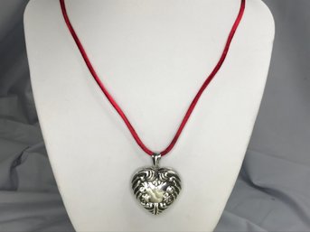 Lovely Vintage Sterling Silver / 925 Locket On Red Silk Cord Necklace - Could Be Mounted On Any Necklace