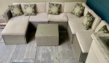 Outdoor Patio Sectional Sofa With Ivory Cushions And 6 Throw Pillows