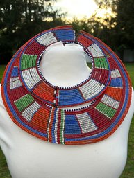 Lot Of Two 1980's VTG Authentic Ethnic Massai Tribe Collar Beaded & Wire Handmade Flat Disc Necklaces  Kenya