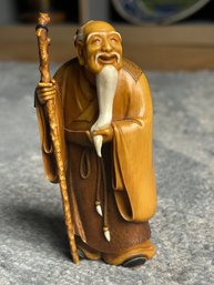 Superb Antique JAPANESE MEIJI PERIOD CARVED OKIMONO Of A Wise Scholar With Staff- Signed