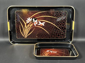 Three Vintage Nesting Trays In Black Plastic With A Modern Floral Motif