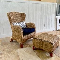 A Pottery Barn Woven Seagrass Wing Chair And Ottoman - Includes Throw Pillow