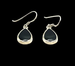 Vintage Sterling Silver Onyx Teardrop Dangle Earrings