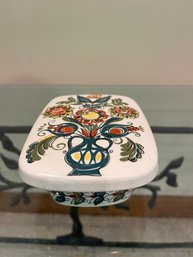 A Mid Century Norwegeian Hand Painted Silk Screened Covered Dish