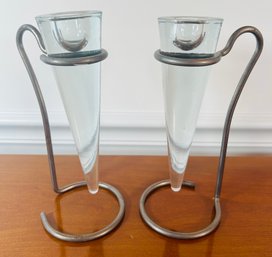 Pair Of Glass Insert Candlestick Holders In Metal Base