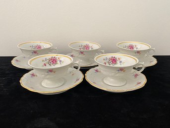 Set Of 5 Floral Teacups With Saucers
